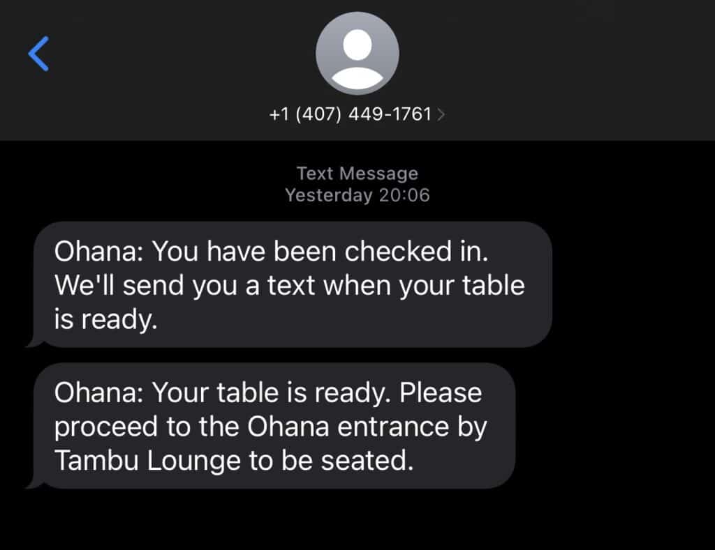 Ohana Check In Text