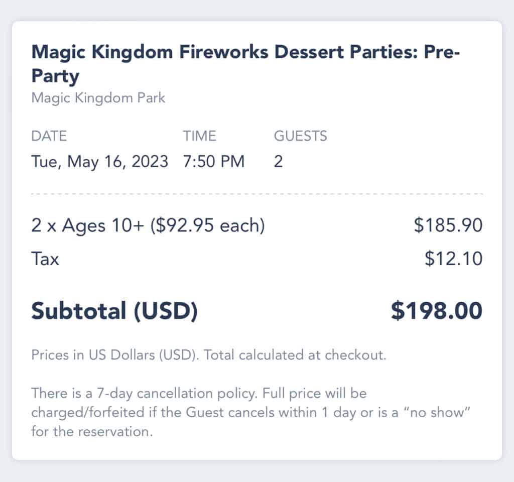 Magic Kingdom Fireworks Dessert Party price 